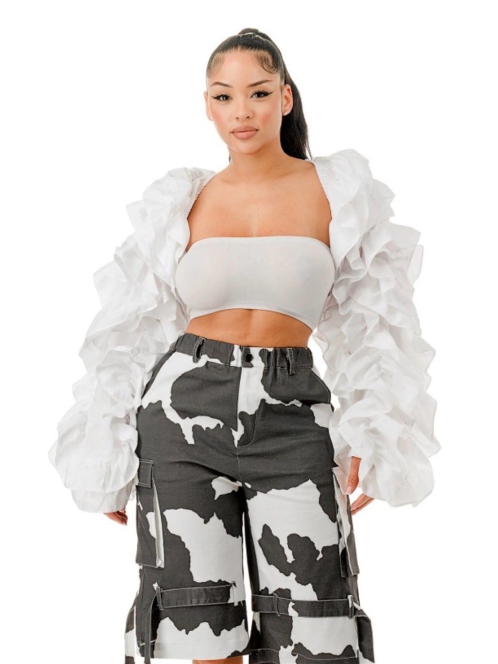 White Ruffle Organza Puff Sleeve Utility Jacket Cover Up | Statement Piece